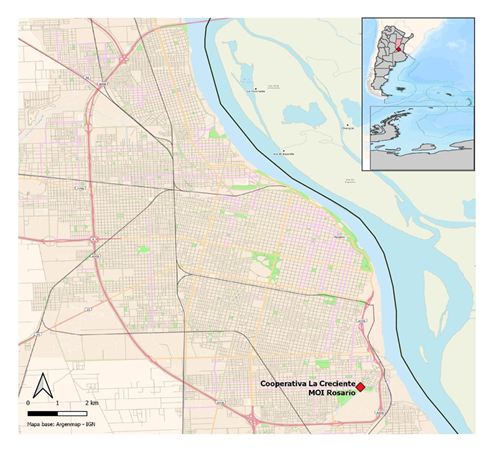 Localización de la
Cooperativa “La Creciente” (MOI- Rosario) en la ciudad de Rosario, Santa Fe,
2022