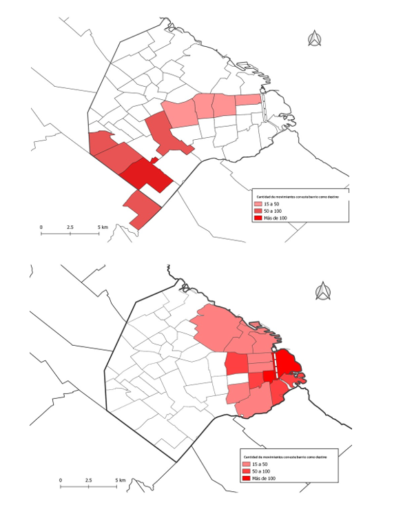 Mapa de
localización del destino de las movilidades cotidianas de los habitantes de los
casos de estudio (arriba, Villa 15; abajo, Rodrigo Bueno)