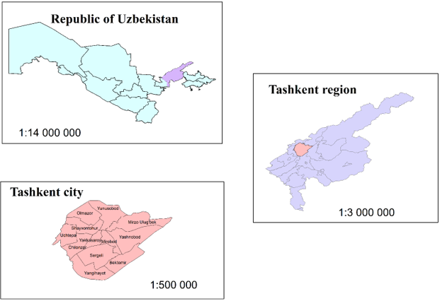 Geographical  location of the  study area in Tashkent, Uzbekistan